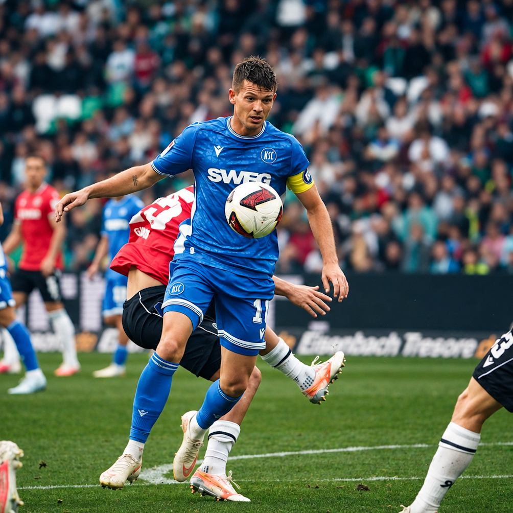 A Karlsruher SC player controls an aerial ball under pressure from Hannover 96 in the 2. Bundesliga.