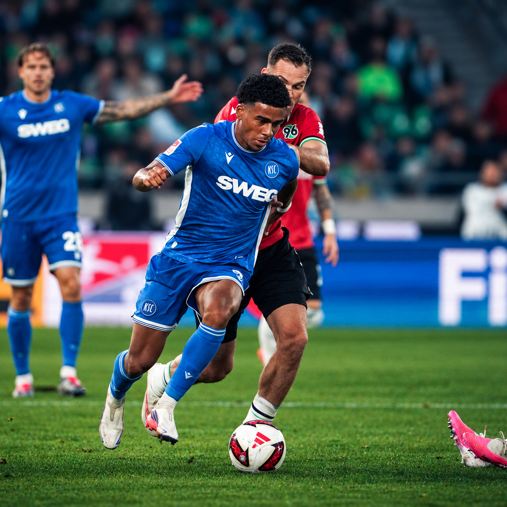 A Karlsruher SC player drives forward with the ball against Hannover 96 at the Heinz von Heiden Arena.