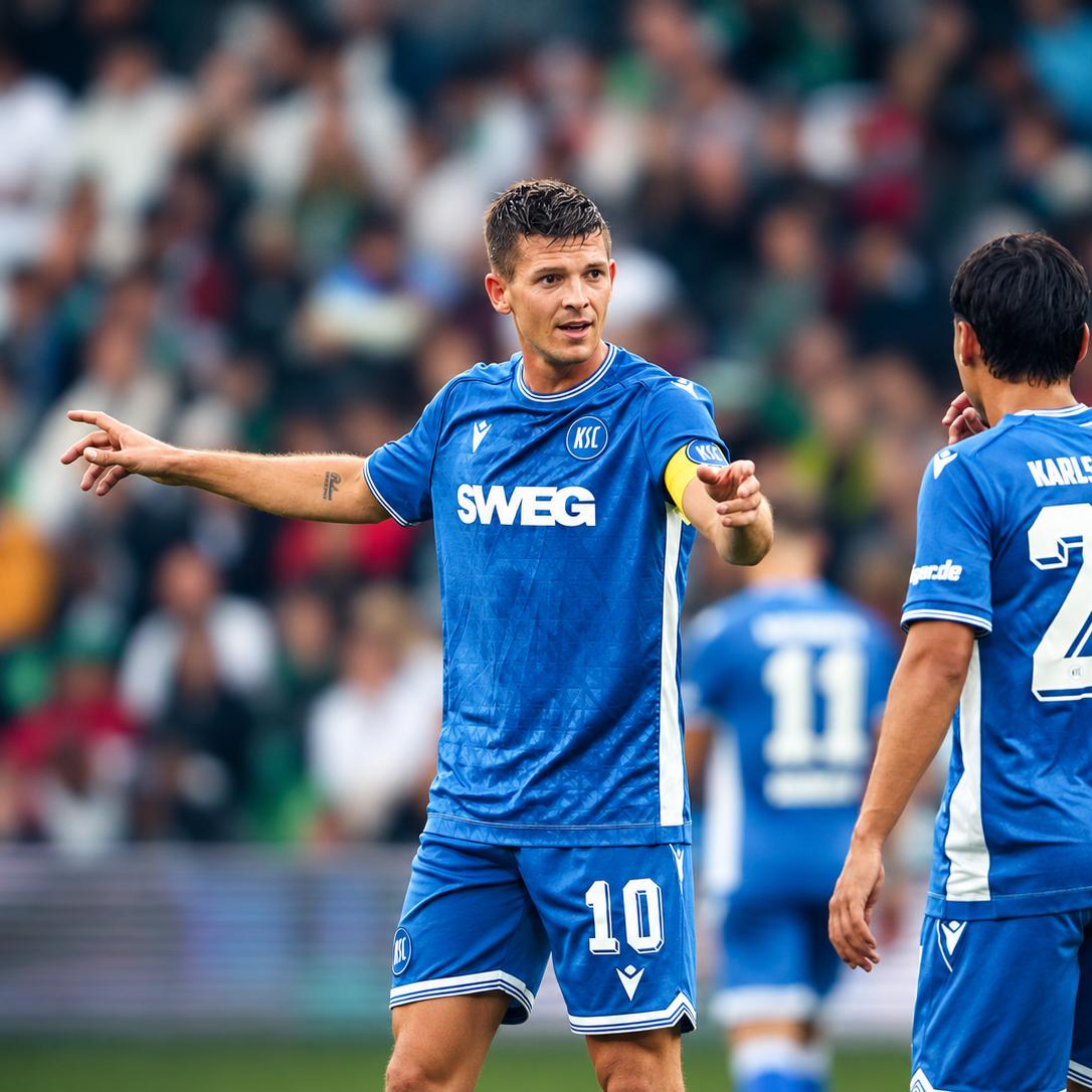 A Karlsruher SC player directs the next move during the 2:2 draw against Hannover 96 in Hannover.