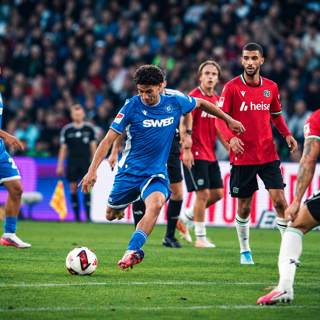 A Karlsruher SC player shoots during the 2:2 draw against Hannover 96 at the Heinz von Heiden Arena.
