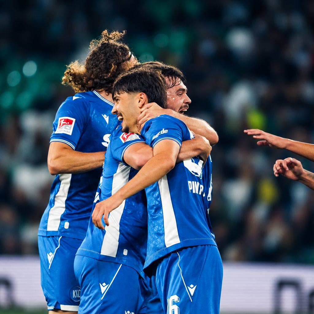 Karlsruher SC players celebrate together during the 2:2 draw with Hannover 96 at the Heinz von Heiden Arena.