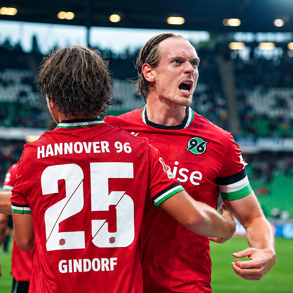 Hannover 96 goalscorer Lars Gindorf celebrates with a teammate during the 2:2 draw against Karlsruher SC on 4 September 2026.