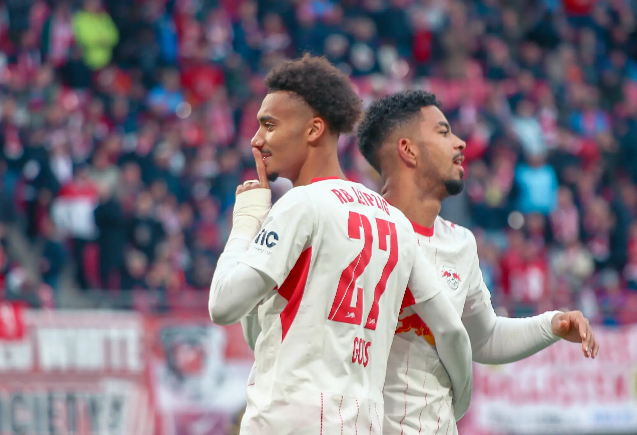 Tidiam Gomis celebrates after opening the scoring for RB Leipzig against SV Elversberg.