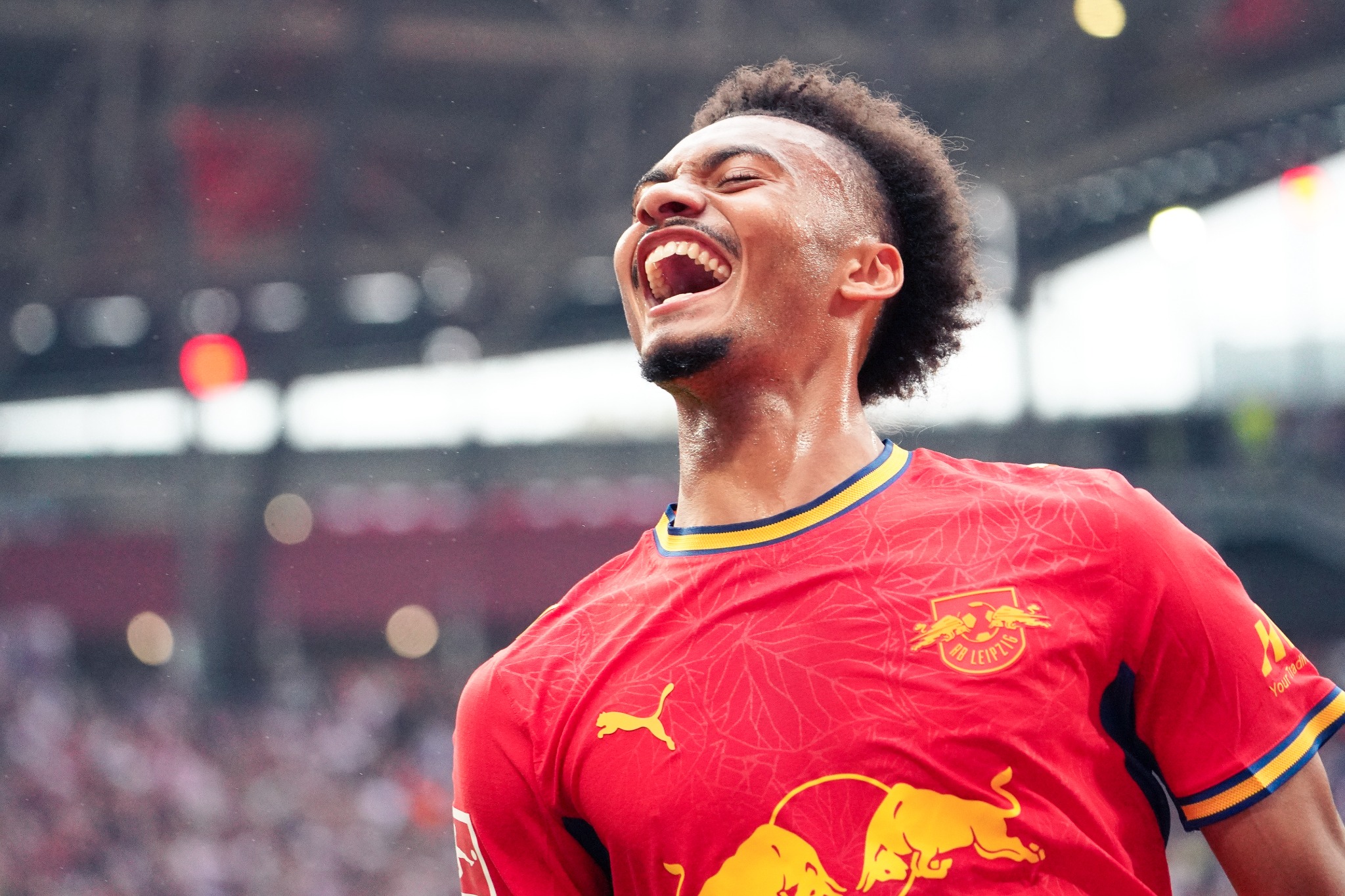 Antonio Nusa celebrates for RB Leipzig against Hamburger SV.