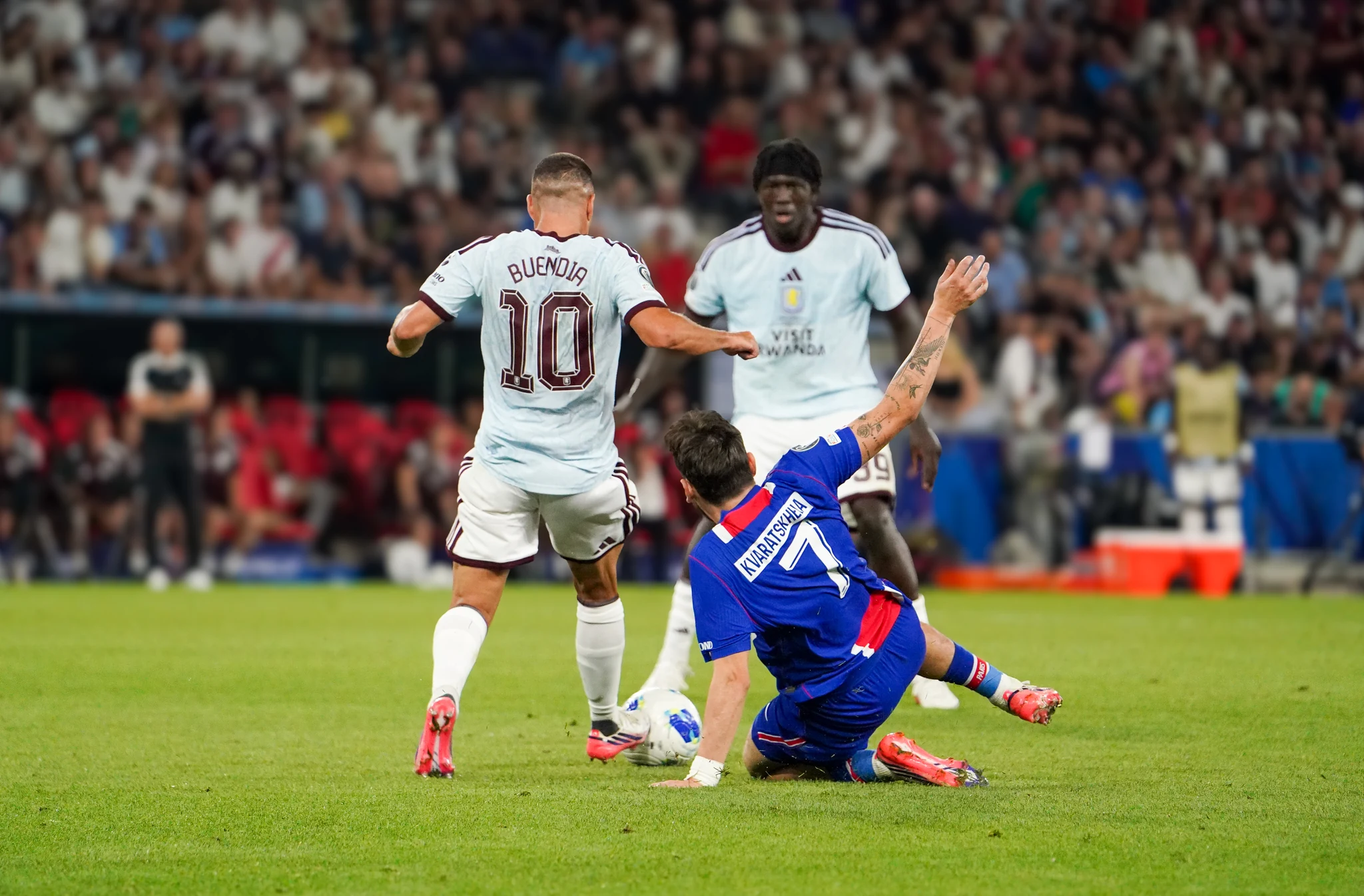 Match action and reactions during Paris Saint-Germain versus Aston Villa in Salzburg.