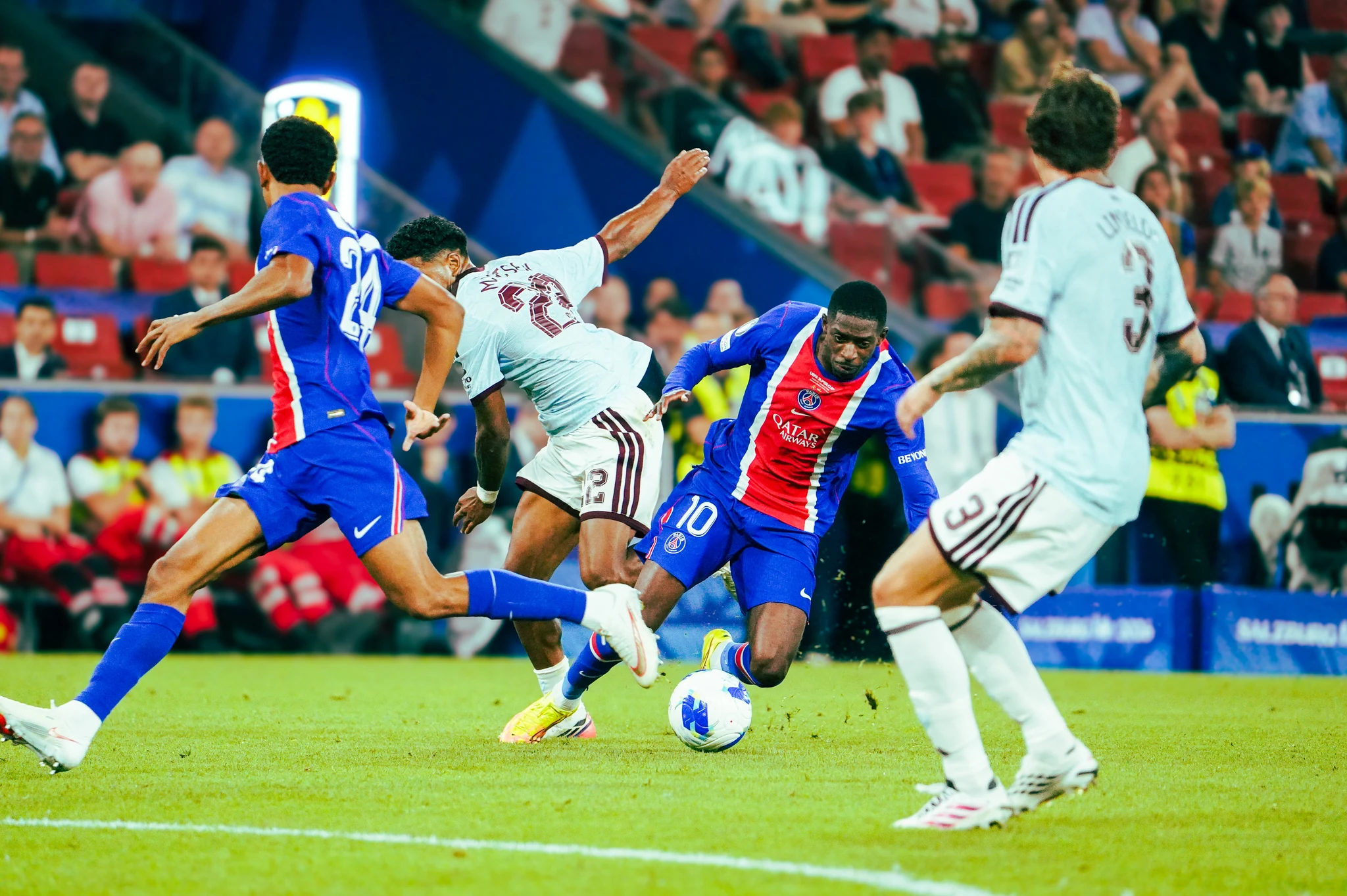 Match action and reactions during Paris Saint-Germain versus Aston Villa in Salzburg.