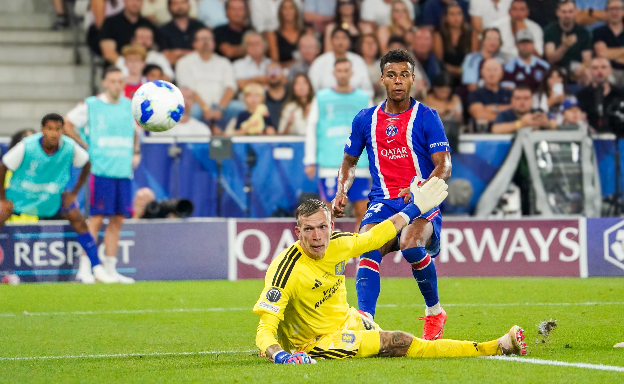 Match action and reactions during Paris Saint-Germain versus Aston Villa in Salzburg.
