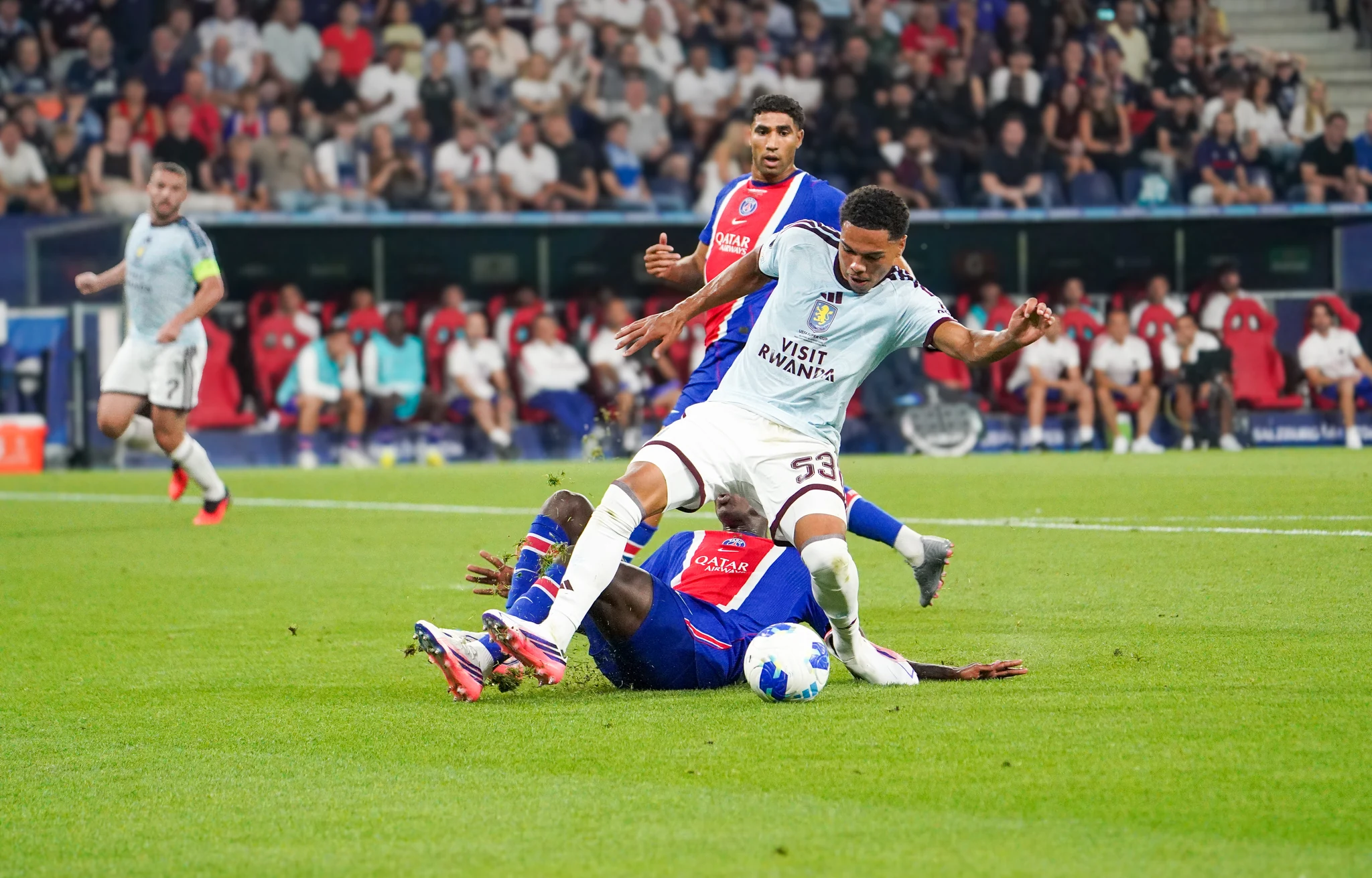 Match action and reactions during Paris Saint-Germain versus Aston Villa in Salzburg.