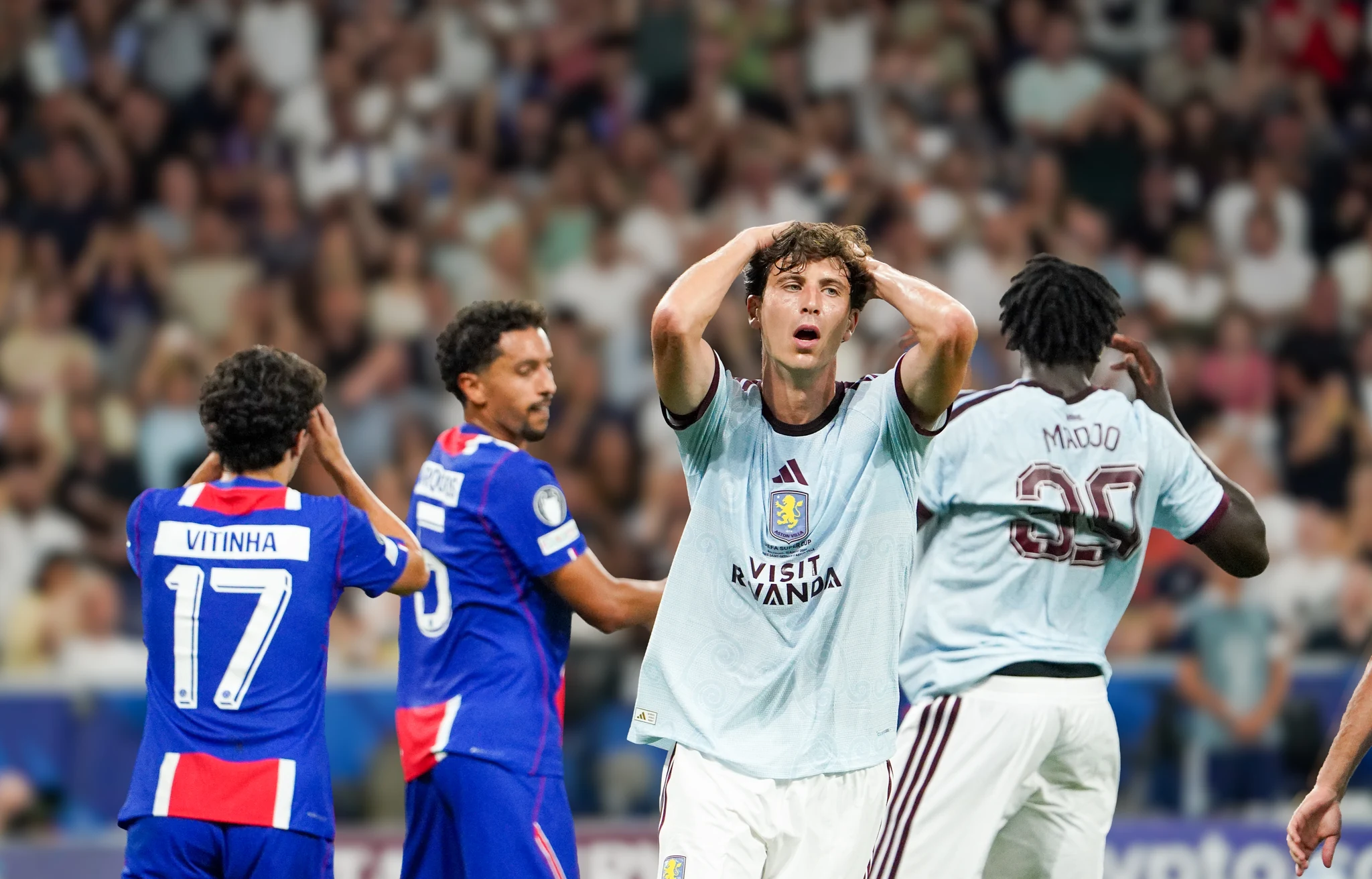 Match action and reactions during Paris Saint-Germain versus Aston Villa in Salzburg.