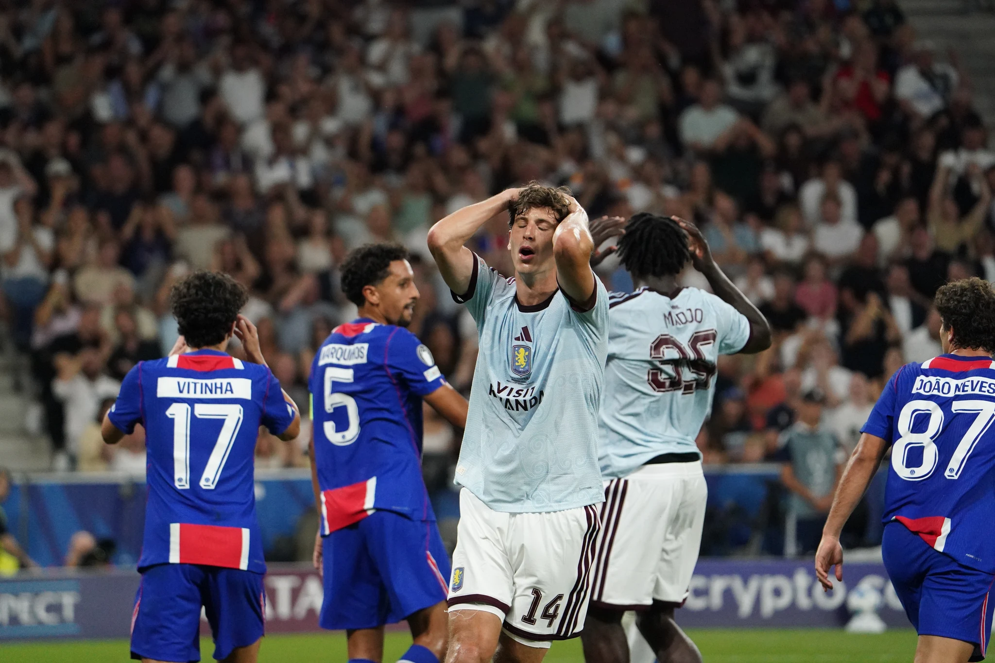 Match action and reactions during Paris Saint-Germain versus Aston Villa in Salzburg.