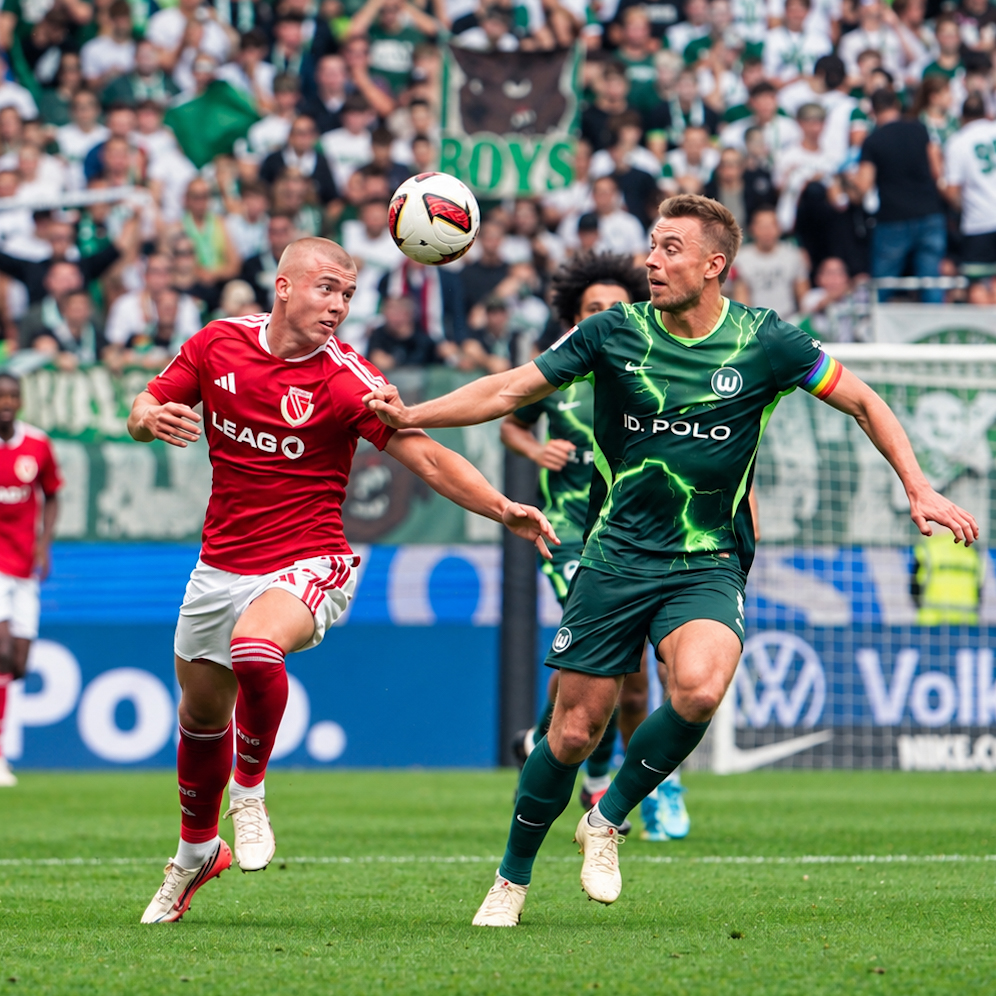 An aerial contest during VfL Wolfsburg against Energie Cottbus.