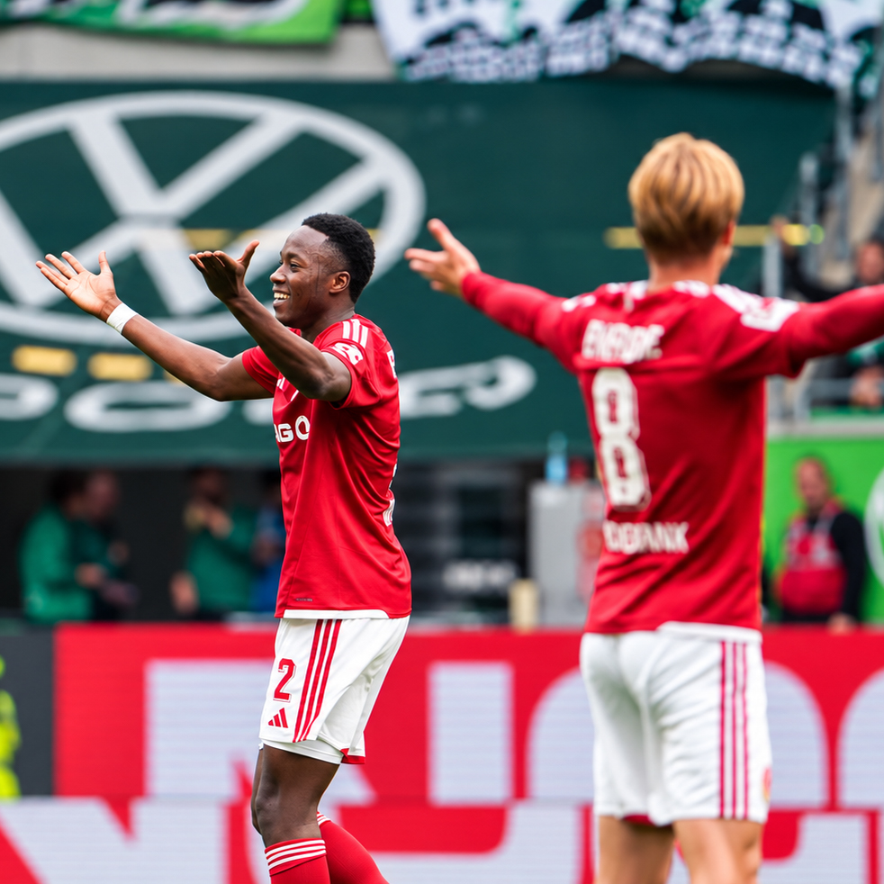 Energie Cottbus players appeal during the match at VfL Wolfsburg.
