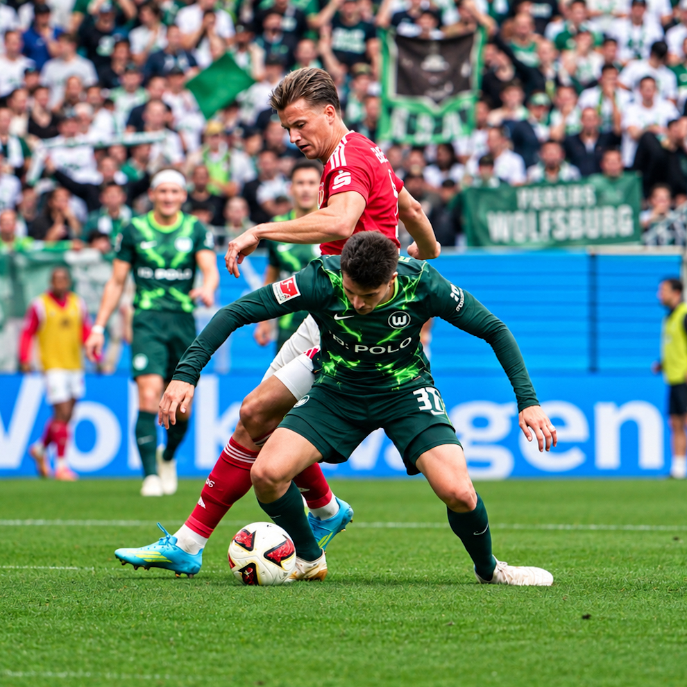 A duel inside the penalty area during VfL Wolfsburg against Energie Cottbus.
