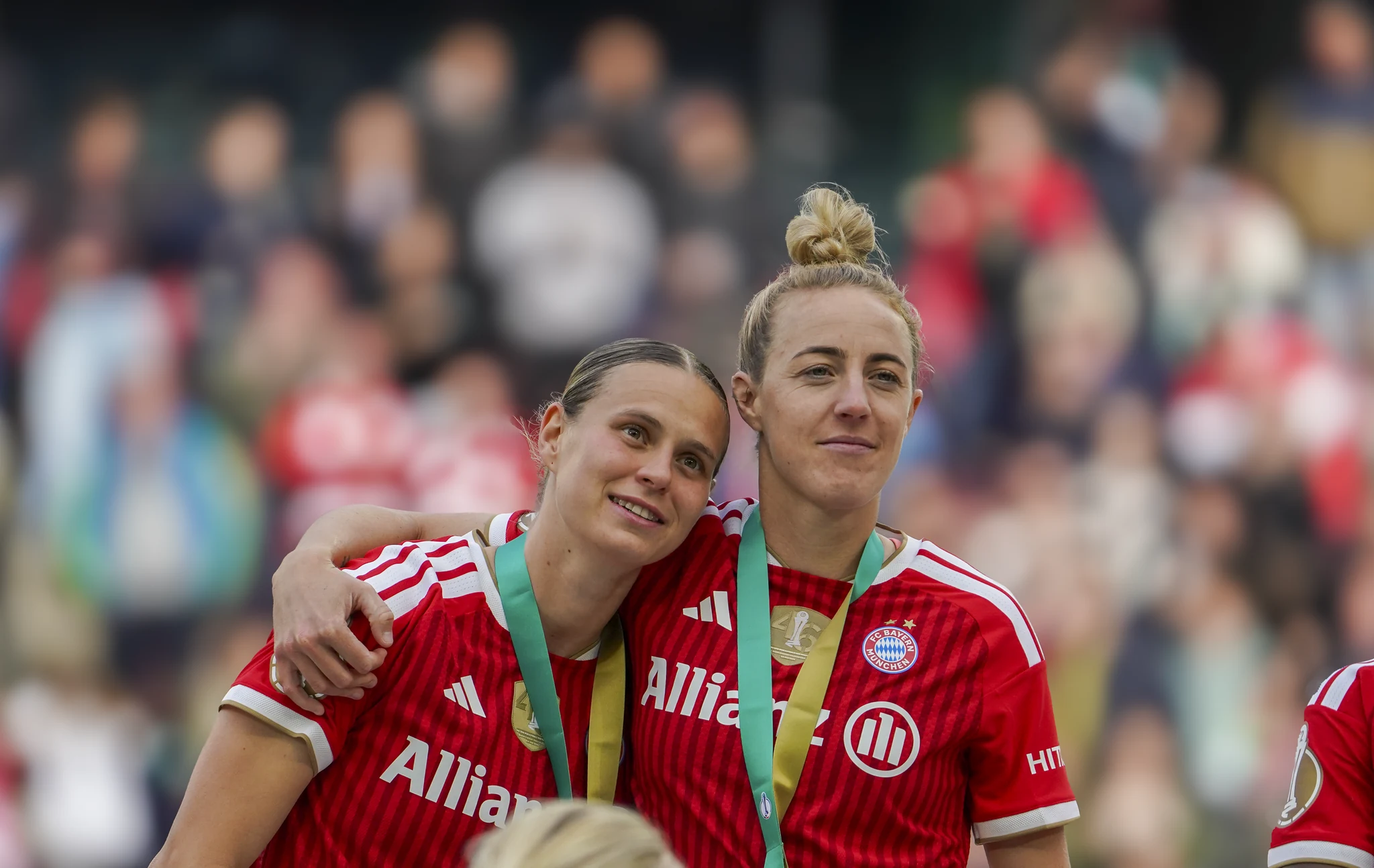 Bayern Munich players share a moment after the final.